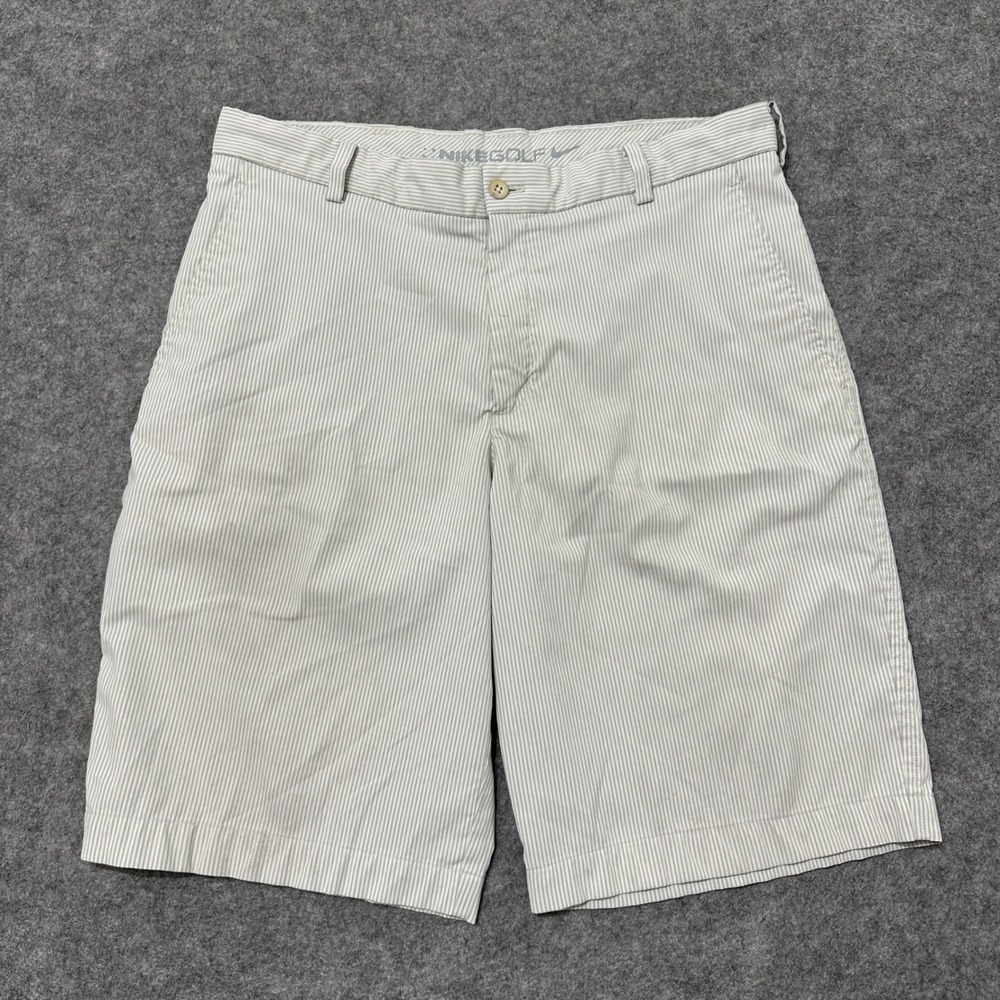 Nike Golf Shorts Mens 34 White Grey Striped Dri-Fit Flat Front 400775-100